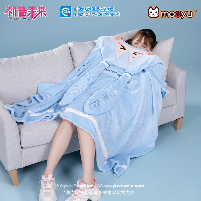 Moeyu Hatsune Miku Snow Miku Multifunctional Hooded Blanket Pillow Warm Flannel Shawl - Kanako.store